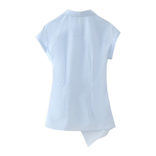 Solid Color Collared Knot Decorated Poplin Short Sleeve Shirt