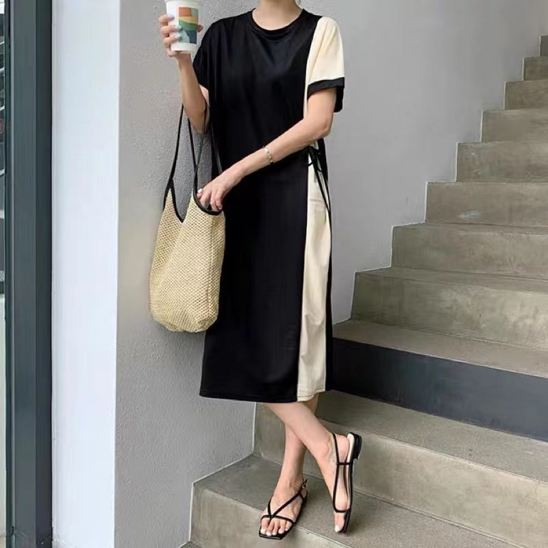 Colorblock Side Tie Up Crewneck Short Sleeved Dress