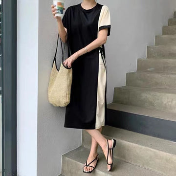 Colorblock Side Tie Up Crewneck Short Sleeved Dress
