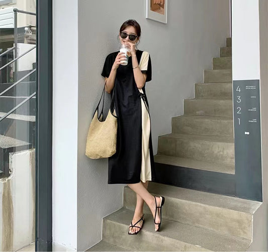 Colorblock Side Tie Up Crewneck Short Sleeved Dress