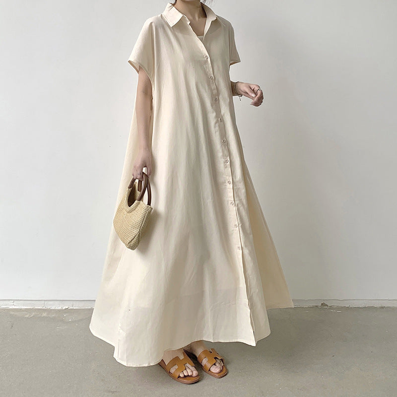 Short Sleeve Linen Solid Color Loose Lapels Casual Shirt Dress