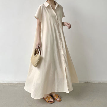 Short Sleeve Linen Solid Color Loose Lapels Casual Shirt Dress