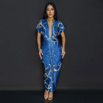 Short Sleeve V neck Slim Print Dress