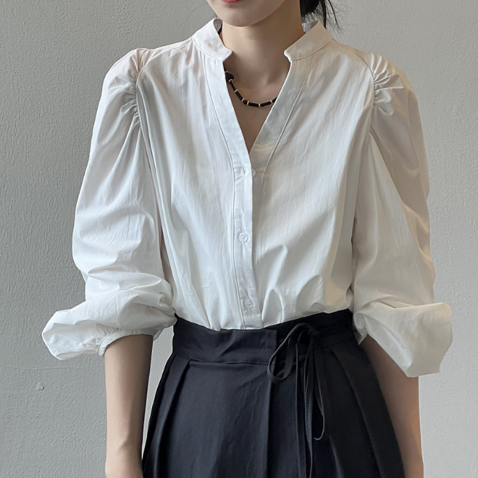 Stand Collar Pleated Puff Sleeve Button Up Shirt