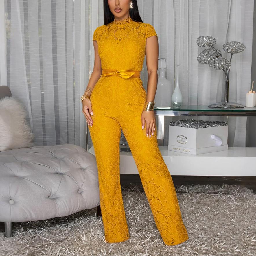 Round Neck Short Sleeve Lace Jumpsuit