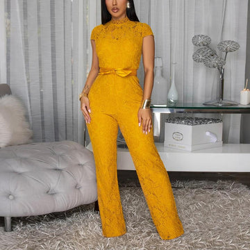 Round Neck Short Sleeve Lace Jumpsuit