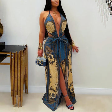 Retro Printed Deep V Plunge Waist Trimming Lace up Split Wide Leg Vacation Jumpsuit