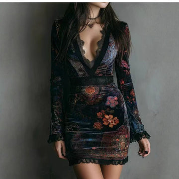 V neck Lace Printed Long Sleeved Dress