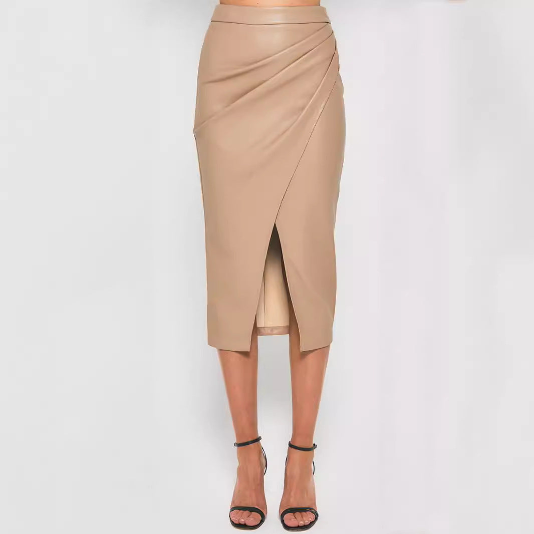 Faux Leather Split High Waist Zipper Heap Pleated Skirt