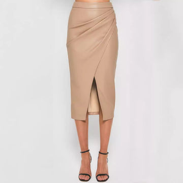 Faux Leather Split High Waist Zipper Heap Pleated Skirt