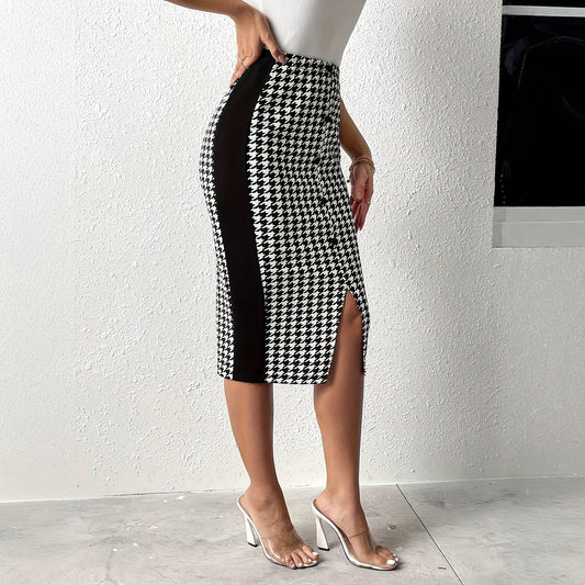 Women Clothing Skirt Elegant Houndstooth Patchwork Slit Elastic Waist Button Mid Length Slim Fit Skirt
