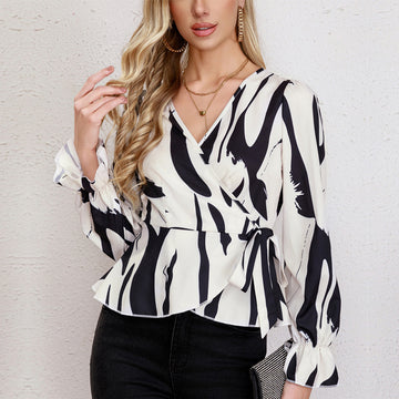 Black White Art Print Loose Tied Long Sleeve Shirt Top
