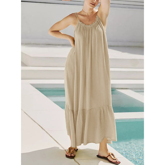 Sling Dress Cotton Yarn Wooden Ear Skin Friendly Wild Midi Dress