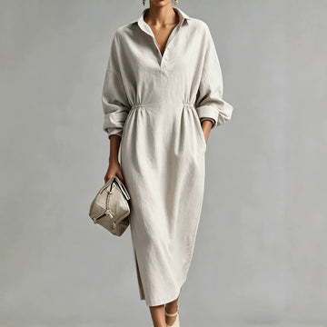 French Linen V neck Shirt Dress Drawstring Waist