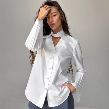 Polo Collar Pure Cotton Pleated Bell Sleeve Shirt