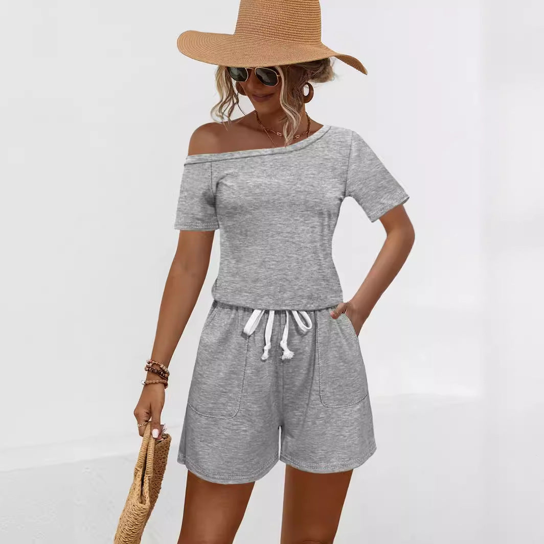 Off Shoulder Short Sleeve Pocket Sloping Shoulder Off The Shoulder Jumpsuit Shorts