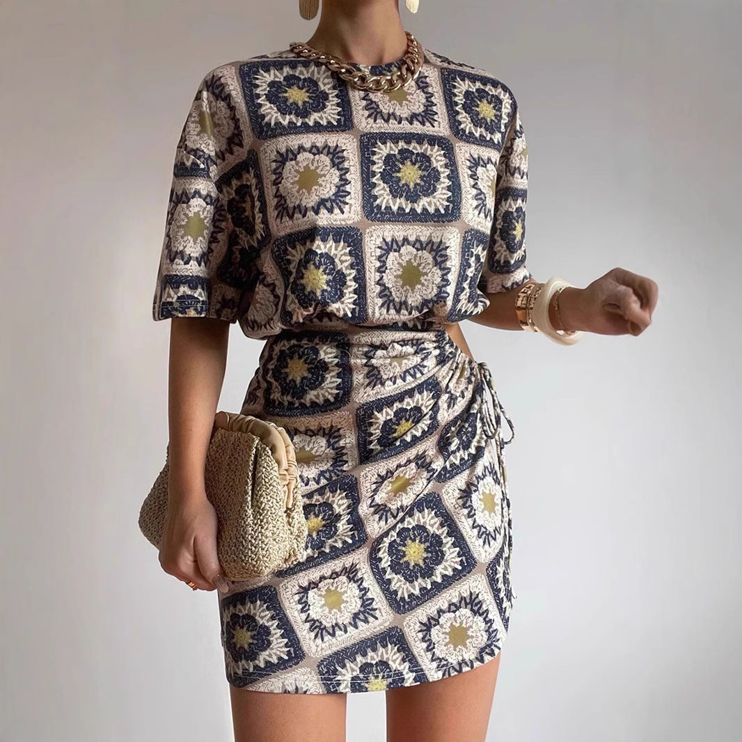 Printed Waist Drawstring Mini Dress