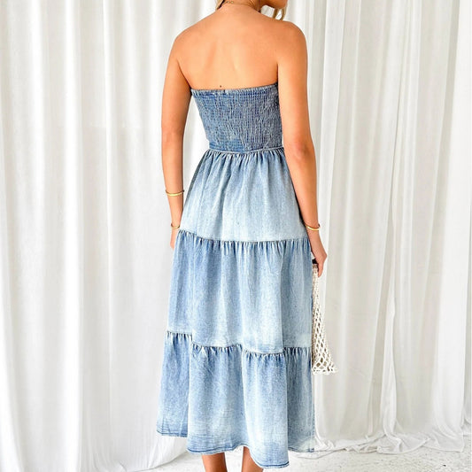 Strapless Long Denim Dress With A Slit
