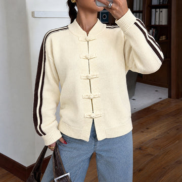 National Casual Stand Collar Contrast Color Striped Sweater Cardigan Women