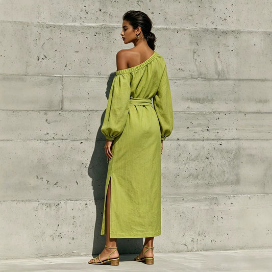 Elegant Loose Linen Strapless Side Slit Design Dress with Belt