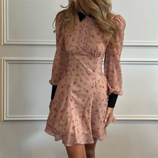 Color Contrast Pleated Collared Long Sleeve French Dress