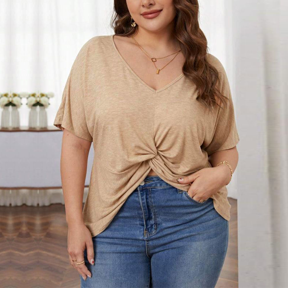 Loose Casual V Neck Short Sleeved Knitted T Shirt Irregular Asymmetric Hem Top