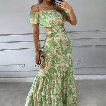 Printed off Shoulder High Waist Cutout Ruffled Dress