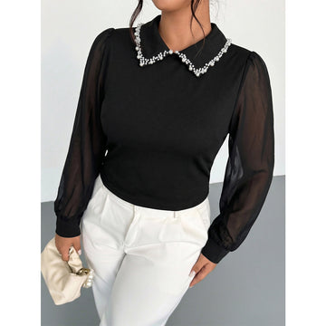 Plus Size Slightly Pearl Collar Stitching Mesh Puff Sleeve Top Slim Short Elegant Black Shirt