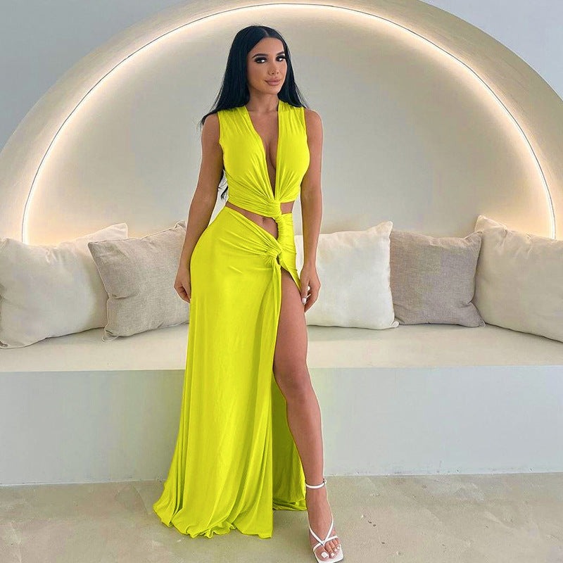 Solid Color Sexy Deep V Plunge Hollow Out Cutout Out Slit Slim Fitting Maxi Dress