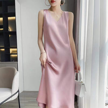 V neck Elegant Sexy Satin Light Slimming Midi Dress