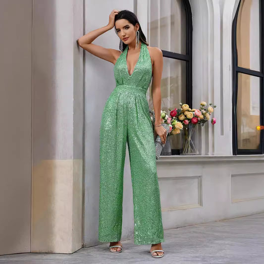 V neck Halter Backless Jumpsuit Sequined Trousers