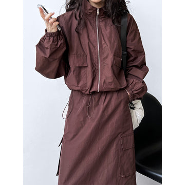 Short Jacket Drawstring Skirt Two Piece Outdoor Sports Cargo Suit