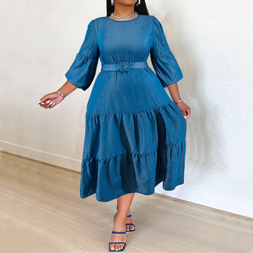 Denim Dress Pleated with Belt Micro Reflective Color Changing