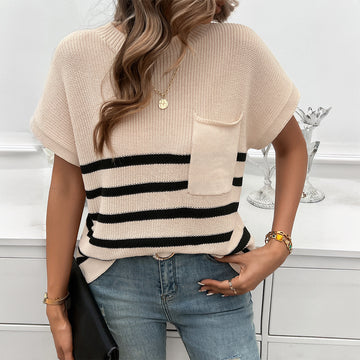 Crew Neck Striped Contrast Color Sweater with Short Sleeves