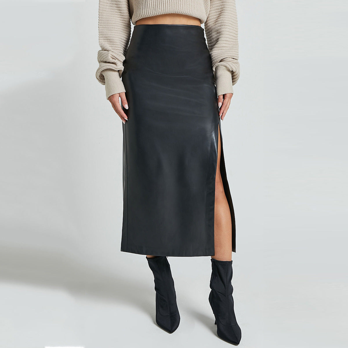 Faux Leather Split Long Skirt