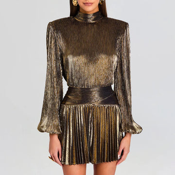 Luxury High End Cocktail Dress High Neck Long Sleeve Design Cross Pleated Waist Tight Dress