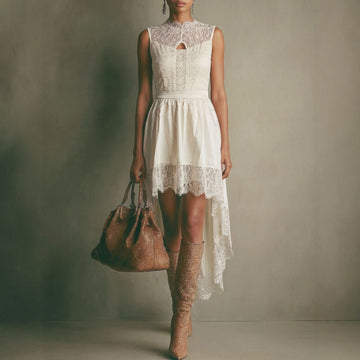 French Lace Hollow Out Cutout Sleeveless Dress  Belt