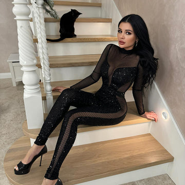Grid See through Sequin Long-Sleeved Full body Jumpsuit