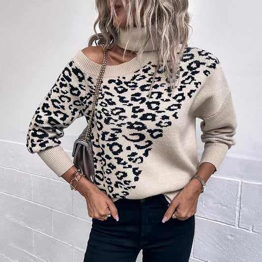Leopard Print Shoulder Baring Long Sleeved Sweater