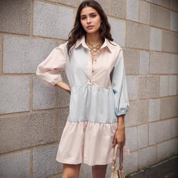 Pink Blue Contrast Color Striped Collared Lantern Sleeve Tiered Shirt Dress