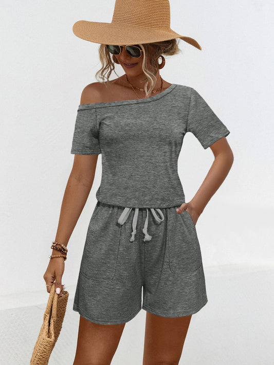 Off Shoulder Short Sleeve Pocket Sloping Shoulder Off The Shoulder Jumpsuit Shorts