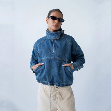 Retro Denim Jacket Women Autumn Stand Collar Zipper Loose Casual All Matching Tooling Top