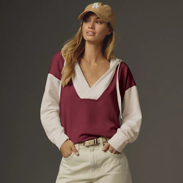 V neck Hoodie Contrast Color Sweatshirt
