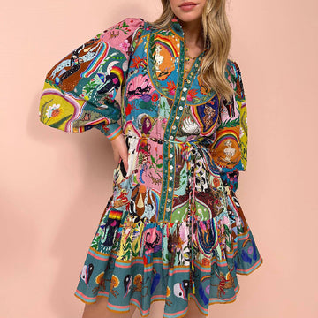 Long Sleeve Printed Lace up Cotton Linen Pleated Dress