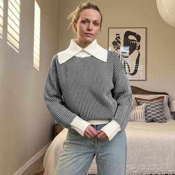 Large Collared Mock Neck Stripes Sweater