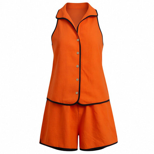Cotton Linen Sleeveless Polo Collar Top Shorts Casual Two Piece Set