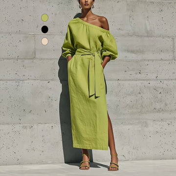 Elegant Loose Linen Strapless Side Slit Design Dress with Belt