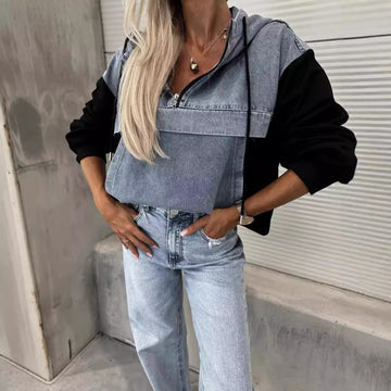 Denim Stitching Hooded Sweater