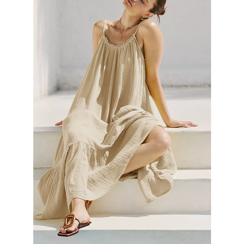Sling Dress Cotton Yarn Wooden Ear Skin Friendly Wild Midi Dress