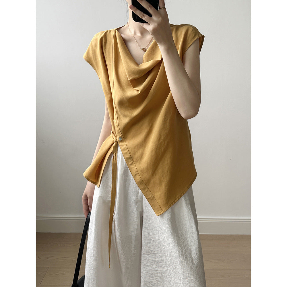 Swing Collar Tencel Shirt Women Summer Waist Controlled Self Tie Slit Sleeveless Shirt